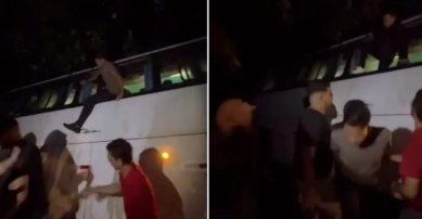 Ônibus com estudantes de Camacan sai da pista e cai em buraco às margens da BR-101